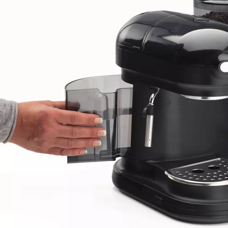 Ariete 1318 Moderna espreso aparatas su integruota kavos malūnėliu, kavos pupelėms ir maltai kavai, pieno putojimo cappuccino ruošėjas, 1 ir 2 puodelių filtras, 1080 W, 800 cc, juoda
