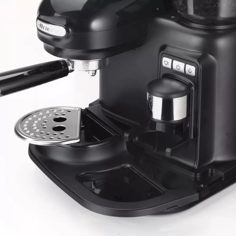 Ariete 1318 Moderna espreso aparatas su integruota kavos malūnėliu, kavos pupelėms ir maltai kavai, pieno putojimo cappuccino ruošėjas, 1 ir 2 puodelių filtras, 1080 W, 800 cc, juoda