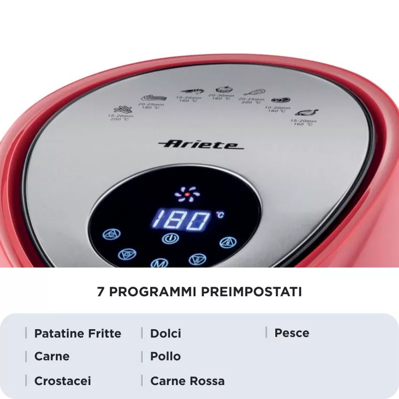 Ariete 4618 Airy Fryer XXL - karšto oro gruzdintuvė - kepkite 2,5 kg prancūziškų bulvyčių - 7 litrai - kepimas be aliejaus ir riebalų - 1800 W - raudona