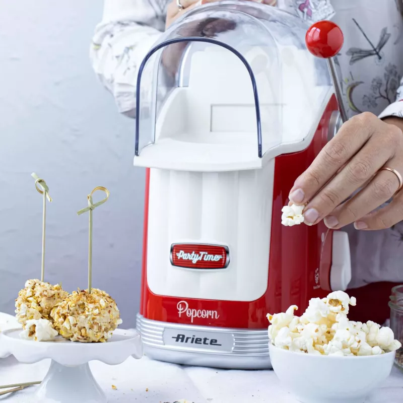 Ariete 2958 Pop Corn Maker Party Time, spragėsių gamintuvas su svirtimi, 1100 W, 600 g talpa, karšto oro gaminimas be riebalų, raudonas