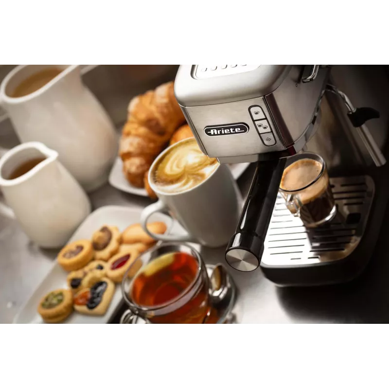 Ariete 1380 Metal kavos aparatas, suderinamas su malta kava ir ESE kapsulėmis, 1300 W, 1,1 l talpa, 15 barų slėgis, ½ puodelio filtras, Cappuccino įrenginys, Sidabrinis