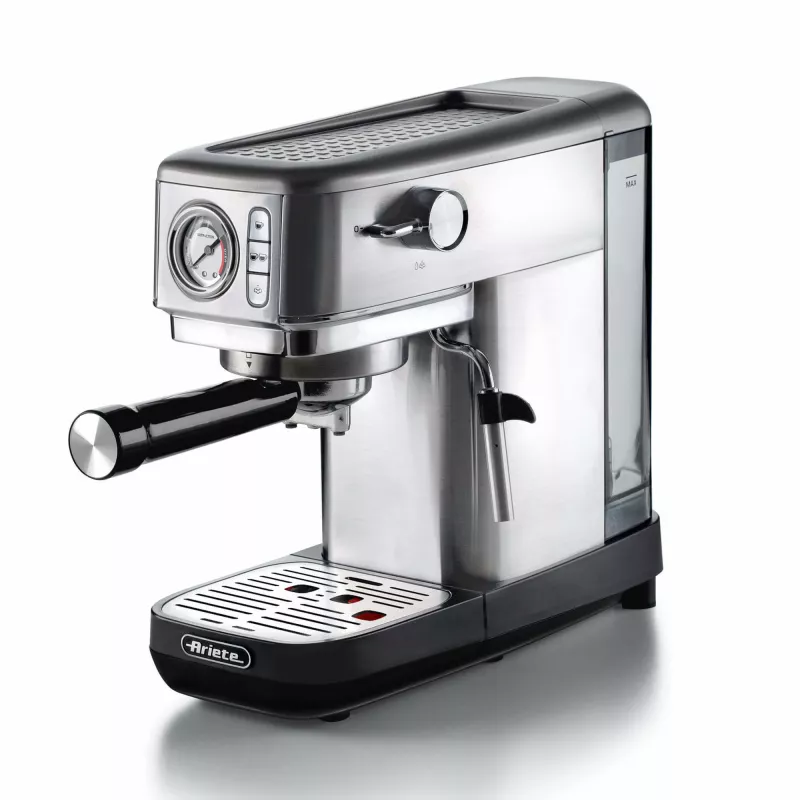 Ariete 1381 kavos virimo aparatas su slėgio matuokliu, suderinamas su malta kava ir ESE kapsulėmis, 1300 W, 1,1 l talpa, 15 barų slėgis, ½ puodelio filtras, Cappuccino įrenginys, sidabrinis