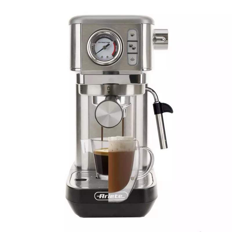 Ariete 1381 kavos virimo aparatas su slėgio matuokliu, suderinamas su malta kava ir ESE kapsulėmis, 1300 W, 1,1 l talpa, 15 barų slėgis, ½ puodelio filtras, Cappuccino įrenginys, sidabrinis