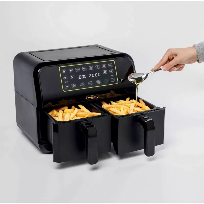 Ariete 4623 Airy Fryer Dual, karšto oro gruzdintuvė su dvigubu krepšiu, 1700 W, 8 l talpa, 3 kepimo funkcijos, skaitmeninis LED jutiklinis skydelis, 8 iš anksto nustatytos programos, laikmatis, 2 krepšiai, juoda