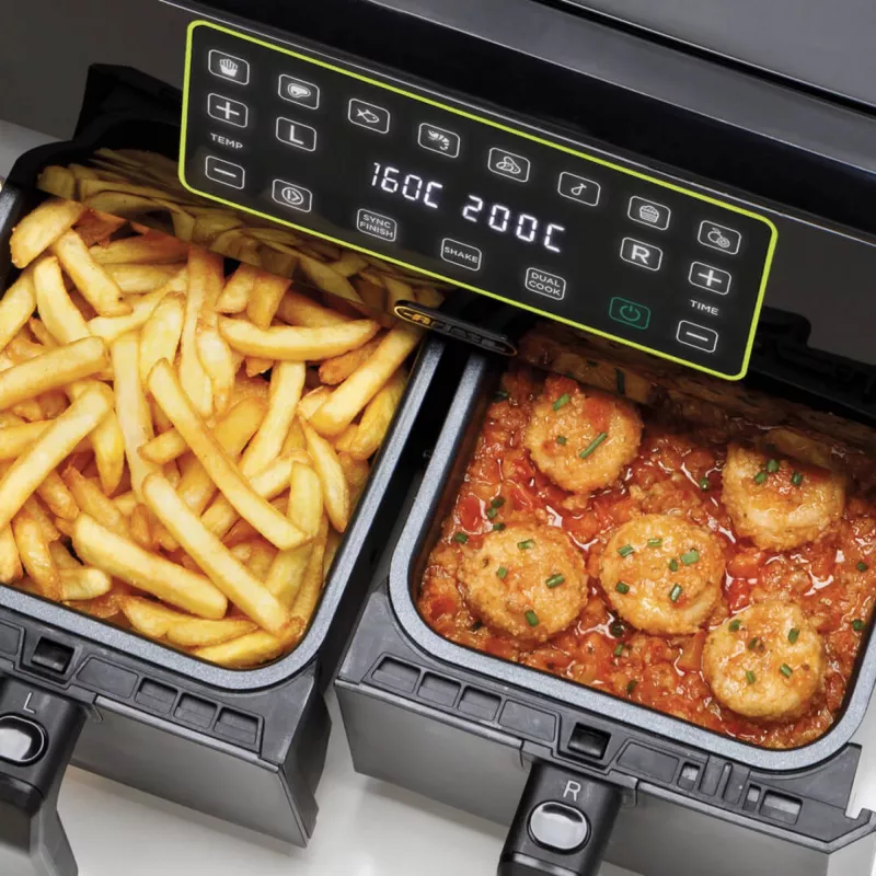 Ariete 4623 Airy Fryer Dual, karšto oro gruzdintuvė su dvigubu krepšiu, 1700 W, 8 l talpa, 3 kepimo funkcijos, skaitmeninis LED jutiklinis skydelis, 8 iš anksto nustatytos programos, laikmatis, 2 krepšiai, juoda