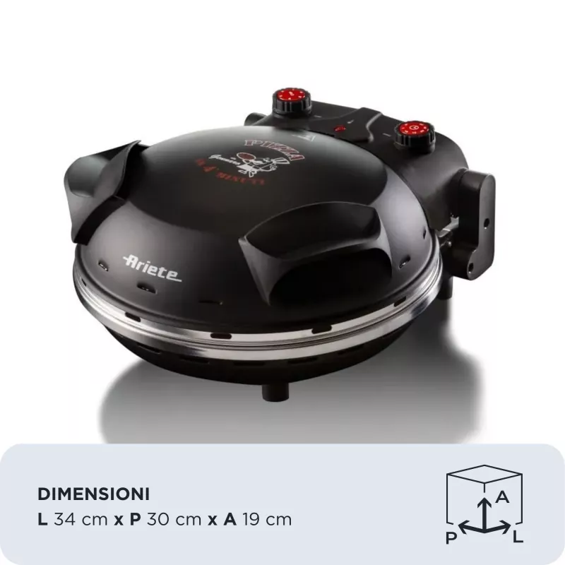 Ariete 917 picos krosnelė - Pica per 4 minutes - Ugniai atspari akmens plokštė su nelimpančia danga - Maksimali temperatūra 400 ° - 1200 W - Laikmatis 30 min. - Juoda