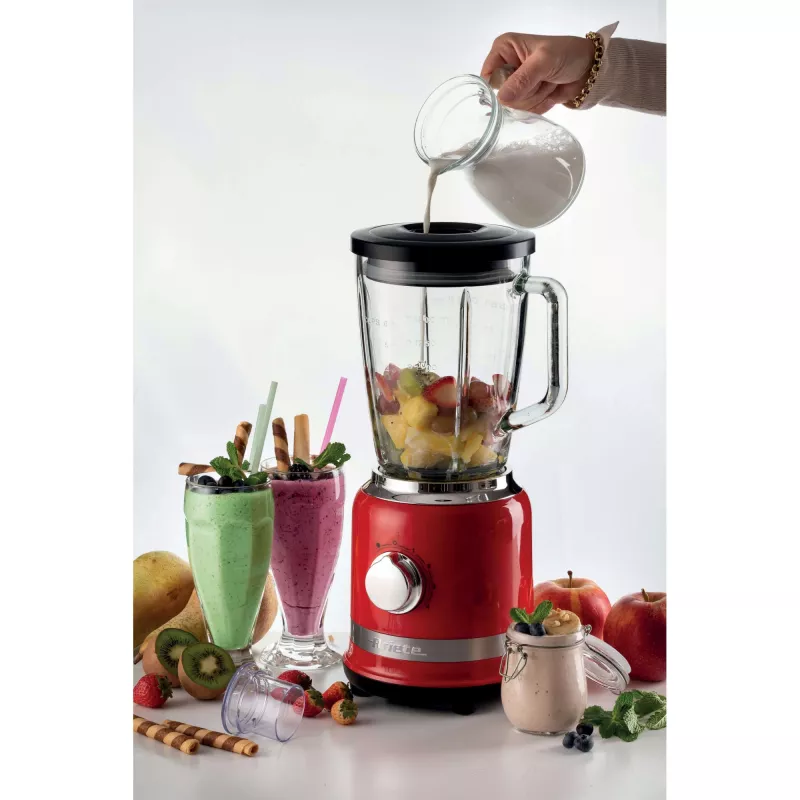 Ariete Moderna raudonas blenderis su stikliniu indeliu, Stalinis blenderis, 1,5 l, Impulsinė funkcija, Ledo trupinimas, 1000 W, raudonas