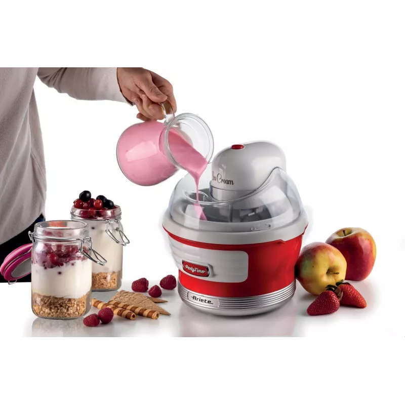 Ariete 643 ledų gaminimo aparatas Party Time, ledų gaminimo mašina, 12 W, 1,5 l talpa, išimamas dubuo su dviguba izoliacija, paruošimo laikas 30 minučių, dangtis ingredientams pridėti, raudonas
