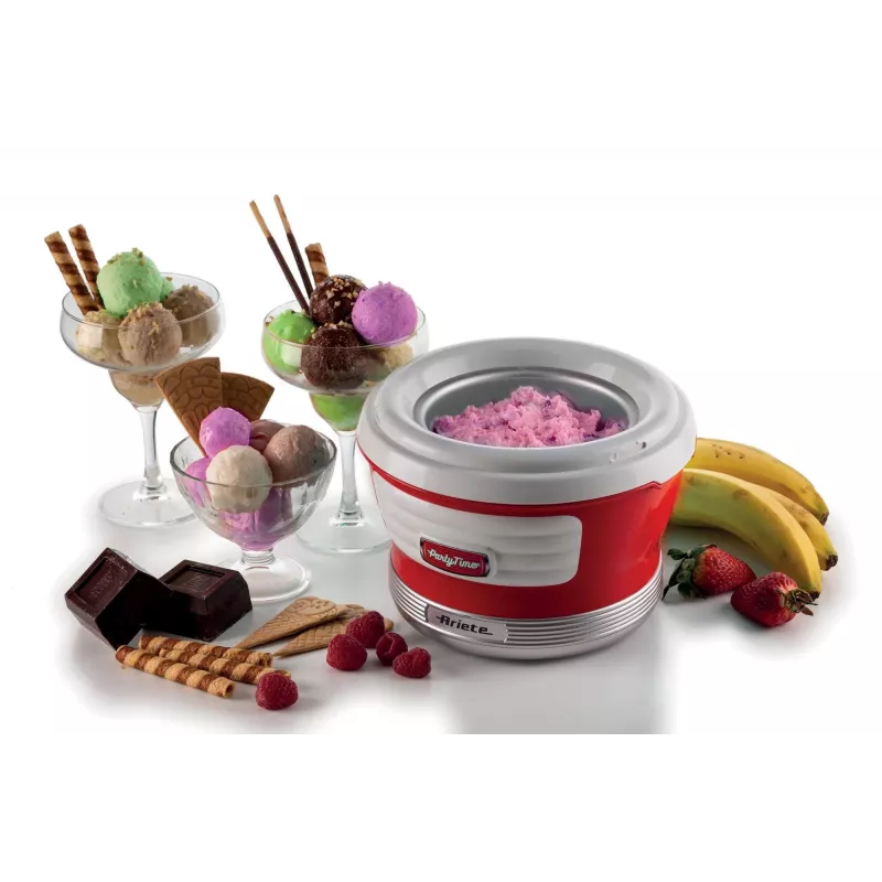 Ariete 643 ledų gaminimo aparatas Party Time, ledų gaminimo mašina, 12 W, 1,5 l talpa, išimamas dubuo su dviguba izoliacija, paruošimo laikas 30 minučių, dangtis ingredientams pridėti, raudonas