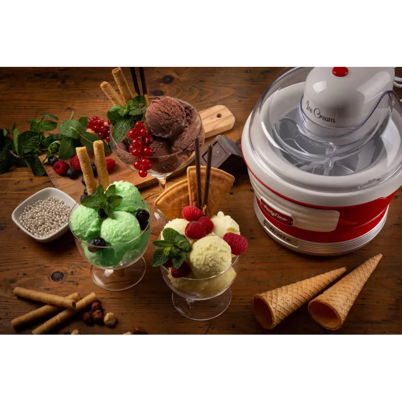 Ariete 643 ledų gaminimo aparatas Party Time, ledų gaminimo mašina, 12 W, 1,5 l talpa, išimamas dubuo su dviguba izoliacija, paruošimo laikas 30 minučių, dangtis ingredientams pridėti, raudonas