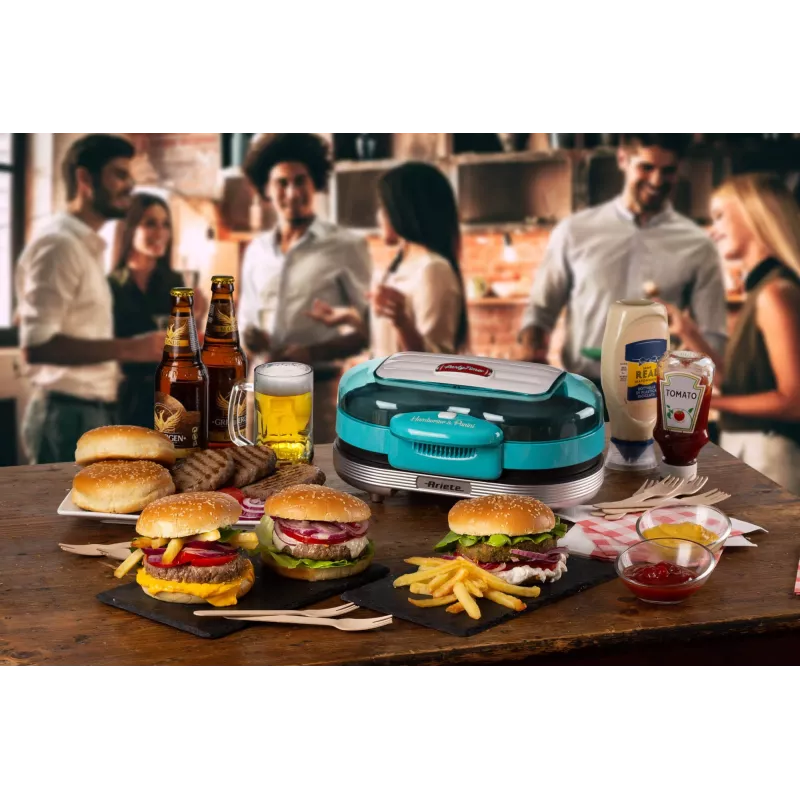 Ariete 205 Hamburger Maker Party Time, mėsainių gaminimo mašina, 1200 W, Dvigubos nepridegančios plokštės, 2 skyriai, Lengvai valoma, mėlyna
