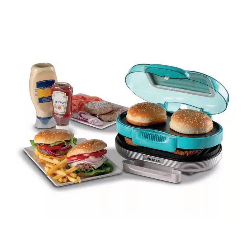 Ariete 205 Hamburger Maker Party Time, mėsainių gaminimo mašina, 1200 W, Dvigubos nepridegančios plokštės, 2 skyriai, Lengvai valoma, mėlyna
