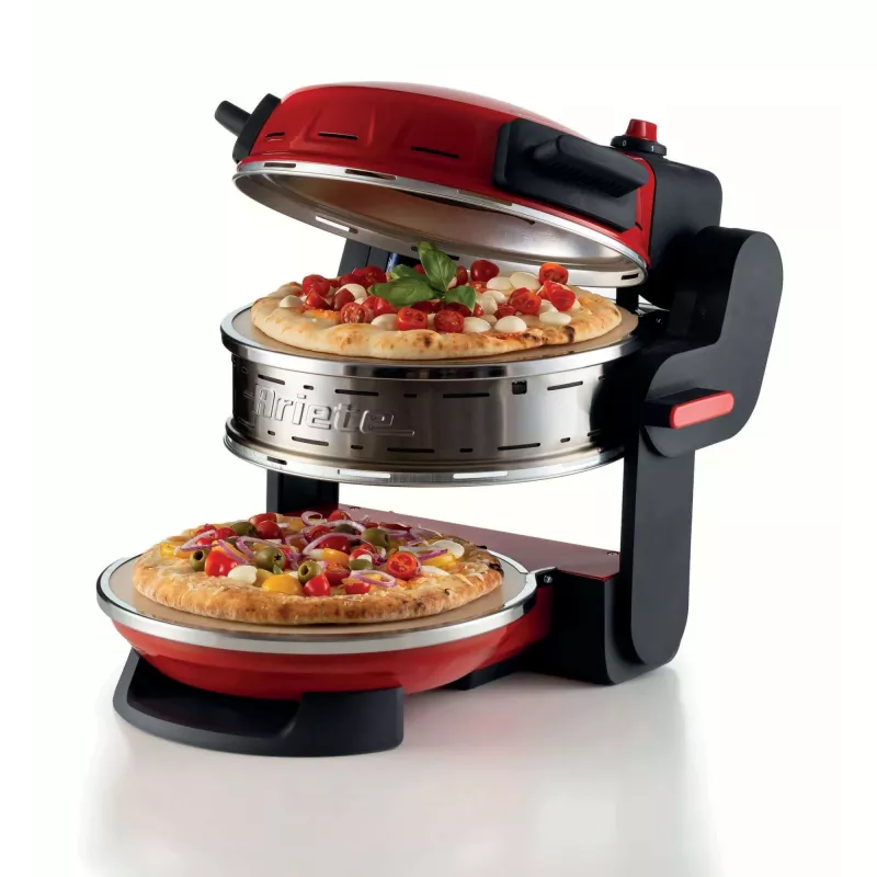 Ariete 927 Pizzeria , dviguba picų krosnelė, 2 picos per 4 minutes, 2300 W, 2 ugniai atsparūs akmenys, 2 termostatai, skersmuo 32 cm, 5 kepimo lygiai, 2 nerūdijančio plieno mentelės, raudona