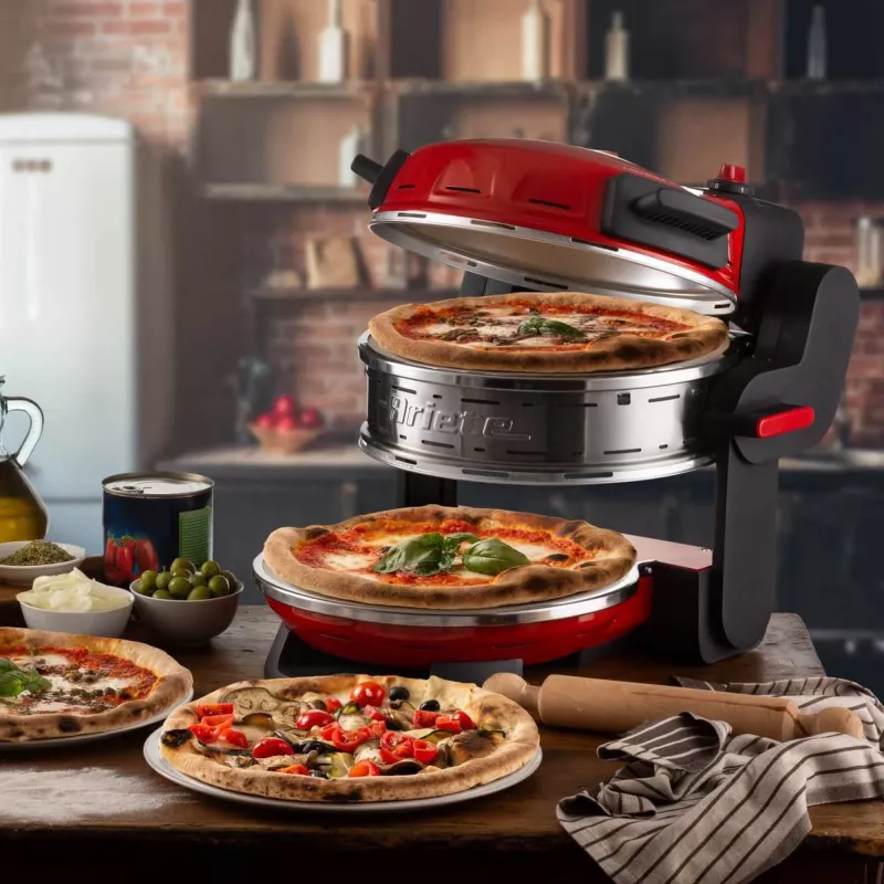 Ariete 927 Pizzeria , dviguba picų krosnelė, 2 picos per 4 minutes, 2300 W, 2 ugniai atsparūs akmenys, 2 termostatai, skersmuo 32 cm, 5 kepimo lygiai, 2 nerūdijančio plieno mentelės, raudona