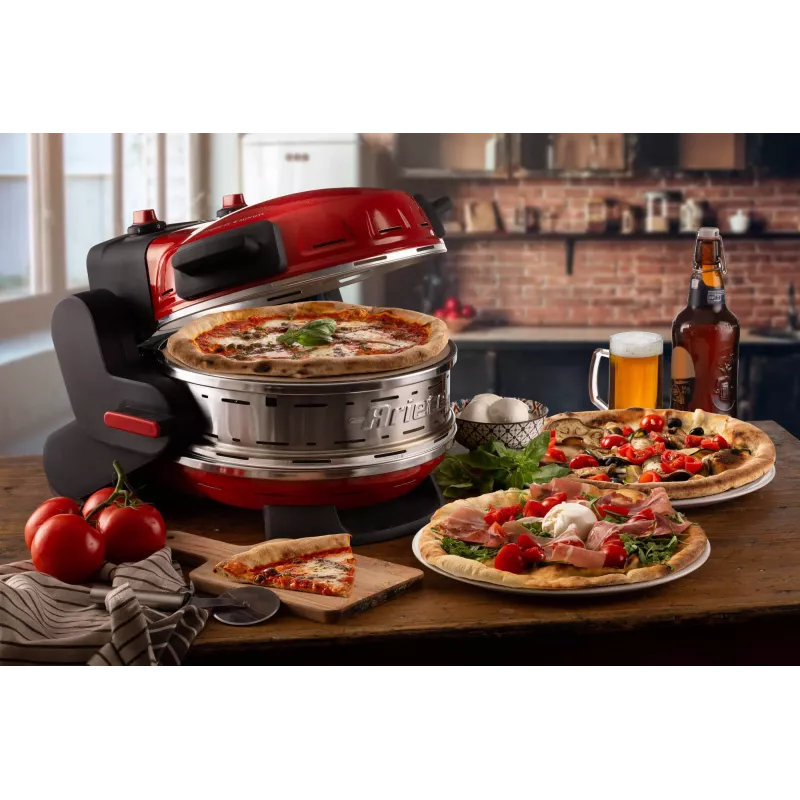Ariete 927 Pizzeria , dviguba picų krosnelė, 2 picos per 4 minutes, 2300 W, 2 ugniai atsparūs akmenys, 2 termostatai, skersmuo 32 cm, 5 kepimo lygiai, 2 nerūdijančio plieno mentelės, raudona