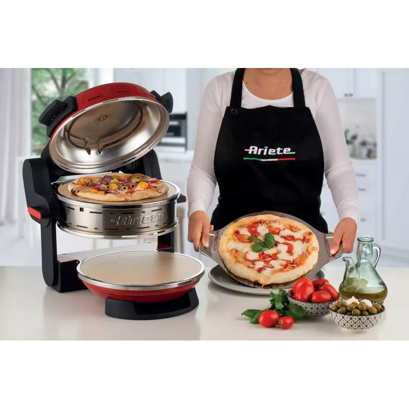 Ariete 927 Pizzeria , dviguba picų krosnelė, 2 picos per 4 minutes, 2300 W, 2 ugniai atsparūs akmenys, 2 termostatai, skersmuo 32 cm, 5 kepimo lygiai, 2 nerūdijančio plieno mentelės, raudona