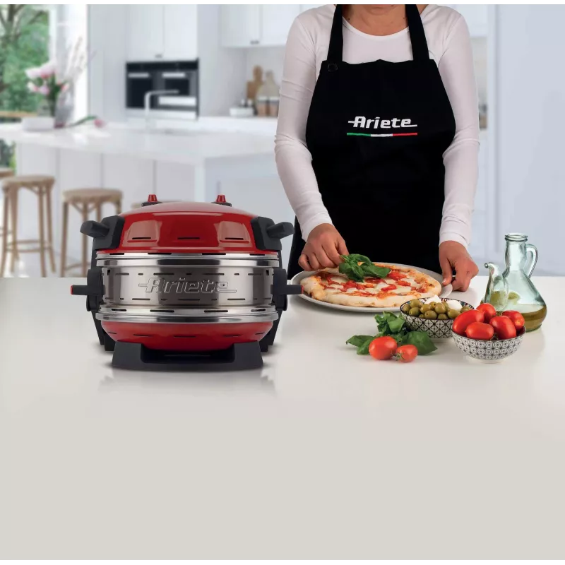 Ariete 927 Pizzeria , dviguba picų krosnelė, 2 picos per 4 minutes, 2300 W, 2 ugniai atsparūs akmenys, 2 termostatai, skersmuo 32 cm, 5 kepimo lygiai, 2 nerūdijančio plieno mentelės, raudona