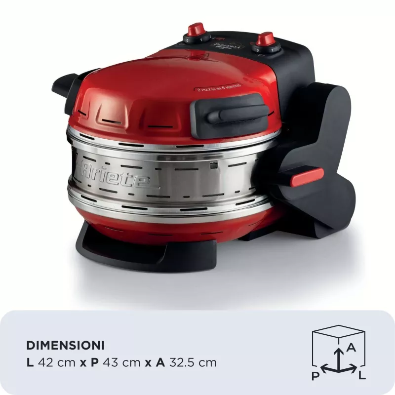 Ariete 927 Pizzeria , dviguba picų krosnelė, 2 picos per 4 minutes, 2300 W, 2 ugniai atsparūs akmenys, 2 termostatai, skersmuo 32 cm, 5 kepimo lygiai, 2 nerūdijančio plieno mentelės, raudona