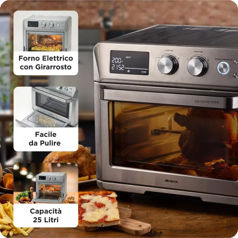 Ariete 4629 Airy Fryer 25L, oro gruzdintuvė ir orkaitė, 1700 W, 25 l talpa, 15 kepimo funkcijų, daugiafunkcė, temperatūra iki 230°, sidabrinė