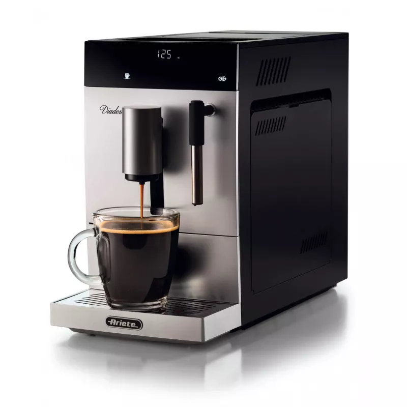Ariete 1452 Diadema, automatinis kavos aparatas, 1350 W, 19 bar slėgis, skirtas kavai, Americano ir karštam vandeniui, Cappuccino prietaisas, LED ekranas, reguliuojamas dozatorius, sidabrinis