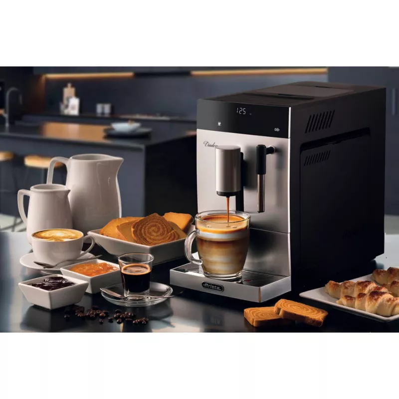 Ariete 1452 Diadema, automatinis kavos aparatas, 1350 W, 19 bar slėgis, skirtas kavai, Americano ir karštam vandeniui, Cappuccino prietaisas, LED ekranas, reguliuojamas dozatorius, sidabrinis