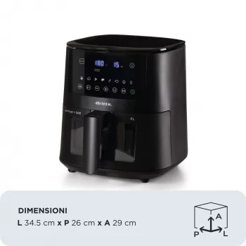 Ariete 4633, Karšto oro gruzdintuvė 4L, 1400W, Talpa 4L, 9 programos, Shake and Grill funkcija, Temperatūra iki 200°C, Juoda
