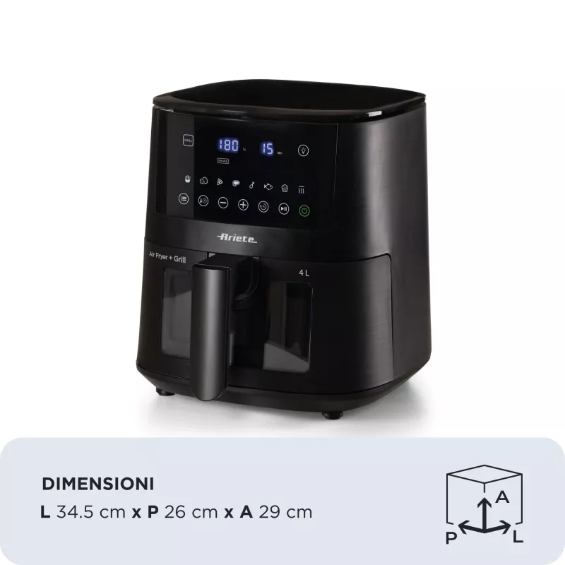 Ariete 4633, Karšto oro gruzdintuvė 4L, 1400W, Talpa 4L, 9 programos, Shake and Grill funkcija, Temperatūra iki 200°C, Juoda
