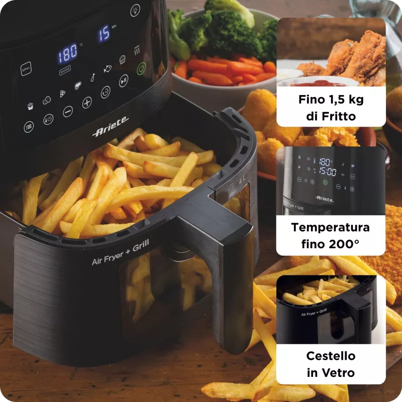 Ariete 4633, Karšto oro gruzdintuvė 4L, 1400W, Talpa 4L, 9 programos, Shake and Grill funkcija, Temperatūra iki 200°C, Juoda