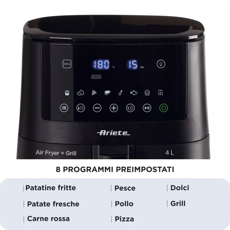 Ariete 4633, Karšto oro gruzdintuvė 4L, 1400W, Talpa 4L, 9 programos, Shake and Grill funkcija, Temperatūra iki 200°C, Juoda