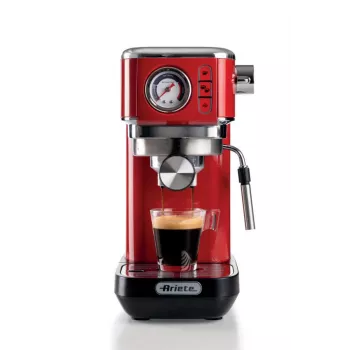 Ariete Moderna Line 1381 kavos aparatas su manometru, tinkamas maltai kavai ir ESE kapsulėms, 1300 W, 1,1 l talpa, 15 barų slėgis, filtras ½ puodeliui, kapučino įrenginys, raudonas