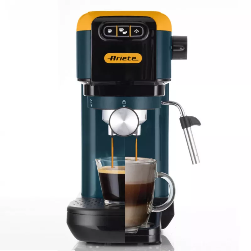 Ariete 1399 espreso kavos aparatas, skirtas maltai kavai ir ESE kapsulėms, 1300 W, 1,1 l talpa, 15 bar slėgis, 1, 2 puodelių ir ESE kapsulių filtras, kapučino, geltonas