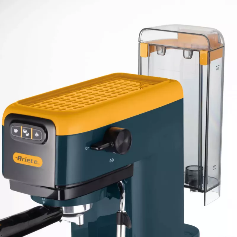 Ariete 1399 espreso kavos aparatas, skirtas maltai kavai ir ESE kapsulėms, 1300 W, 1,1 l talpa, 15 bar slėgis, 1, 2 puodelių ir ESE kapsulių filtras, kapučino, geltonas