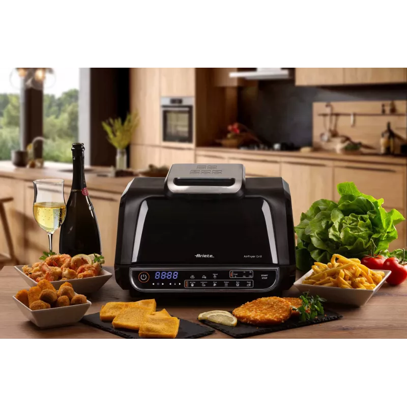 Ariete 4635 Air Fryer Grill, gruzdintuvė ir grilis, kepsnių grilis, 1700W, 8L talpa, kepimas ir grilinimas, 8 gaminimo funkcijos, laikmatis, juoda