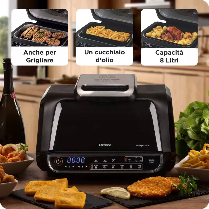 Ariete 4635 Air Fryer Grill, gruzdintuvė ir grilis, kepsnių grilis, 1700W, 8L talpa, kepimas ir grilinimas, 8 gaminimo funkcijos, laikmatis, juoda