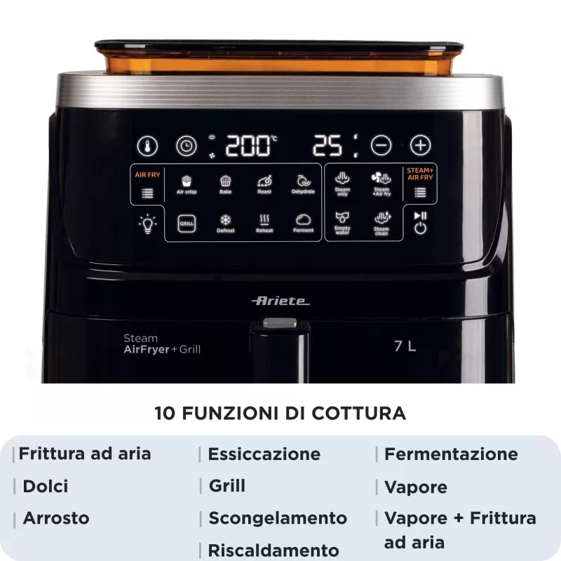 Ariete 4636 Oro gruzdintuvė su garų funkcija + grilis, 1700 W, dehidratavimo funkcija, 10 gaminimo funkcijų, permatomas krepšys, laikmatis, juoda