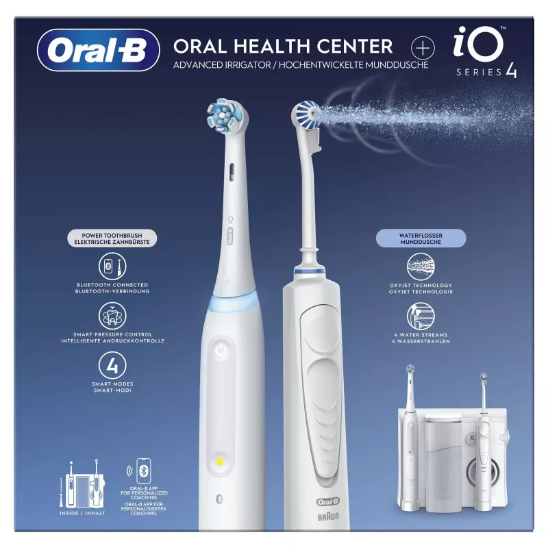 „Oral-B iO4 & OxyJet“ burnos priežiūros centras, baltas