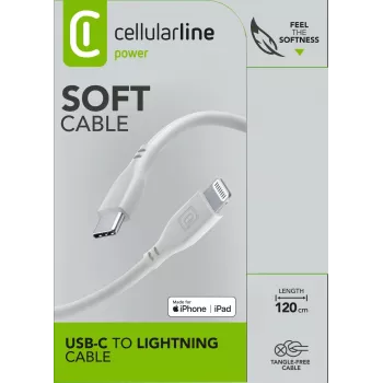 Cellularline Soft kabelis 120 cm - USB-C į Lightning, minkštos lytėjimo dangos USB-C į Lightning kabelis