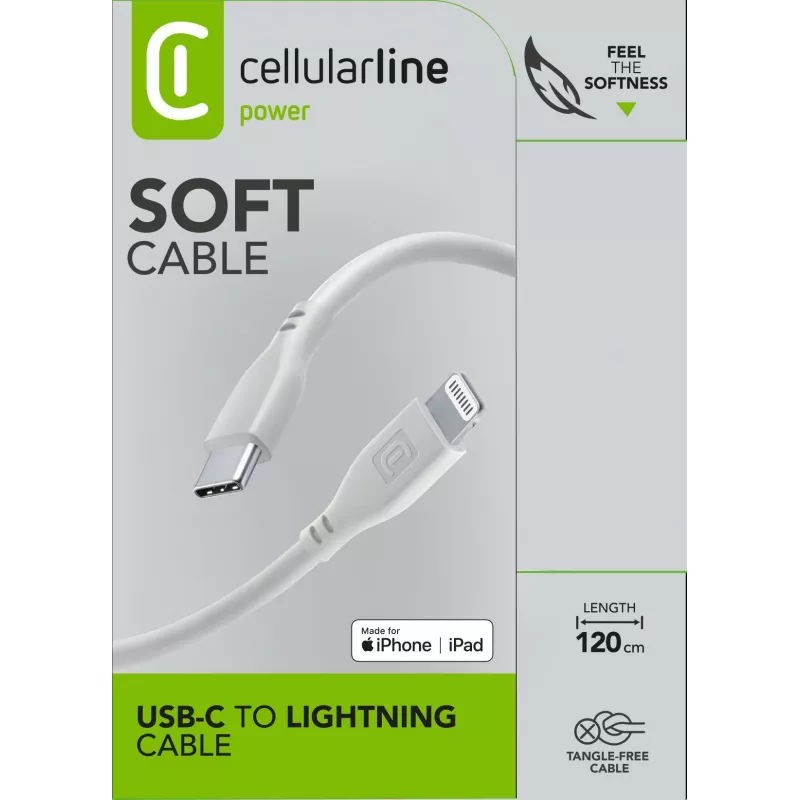 Cellularline Soft kabelis 120 cm - USB-C į Lightning, minkštos lytėjimo dangos USB-C į Lightning kabelis