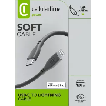 Cellularline Soft kabelis 120 cm - USB-C į Lightning USB-C į Lightning minkštos lytėjimo kabelis