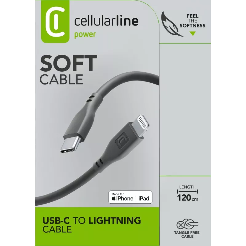 Cellularline Soft kabelis 120 cm - USB-C į Lightning USB-C į Lightning minkštos lytėjimo kabelis