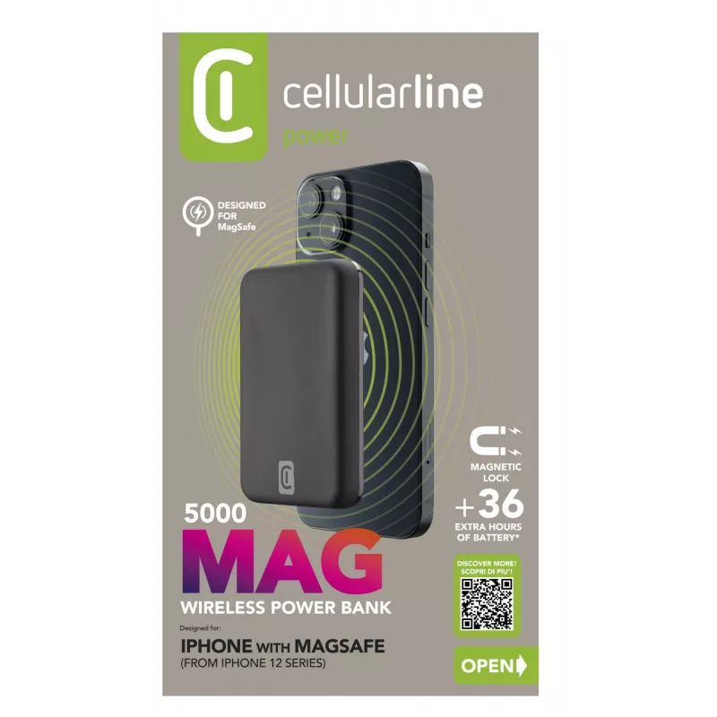 Cellularline belaidė išorinė baterija MAG 5000 Nešiojamasis įkroviklis, suderinamas su MagSafe sistema