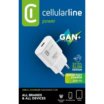 Cellularline GAN sieninis įkroviklis USB-C 30W PD USB-C 30W PD sieninis įkroviklis su GaN technologija