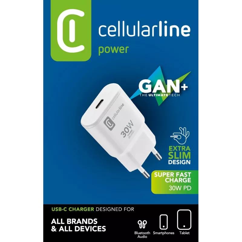 Cellularline GAN sieninis įkroviklis USB-C 30W PD USB-C 30W PD sieninis įkroviklis su GaN technologija