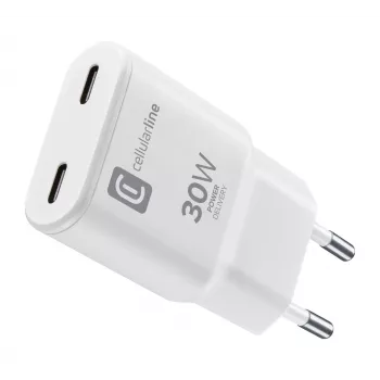 Cellularline GAN sieninis įkroviklis 2xUSB-C 30W PD 2xUSB-C 30W PD sieninis įkroviklis su GaN technologija