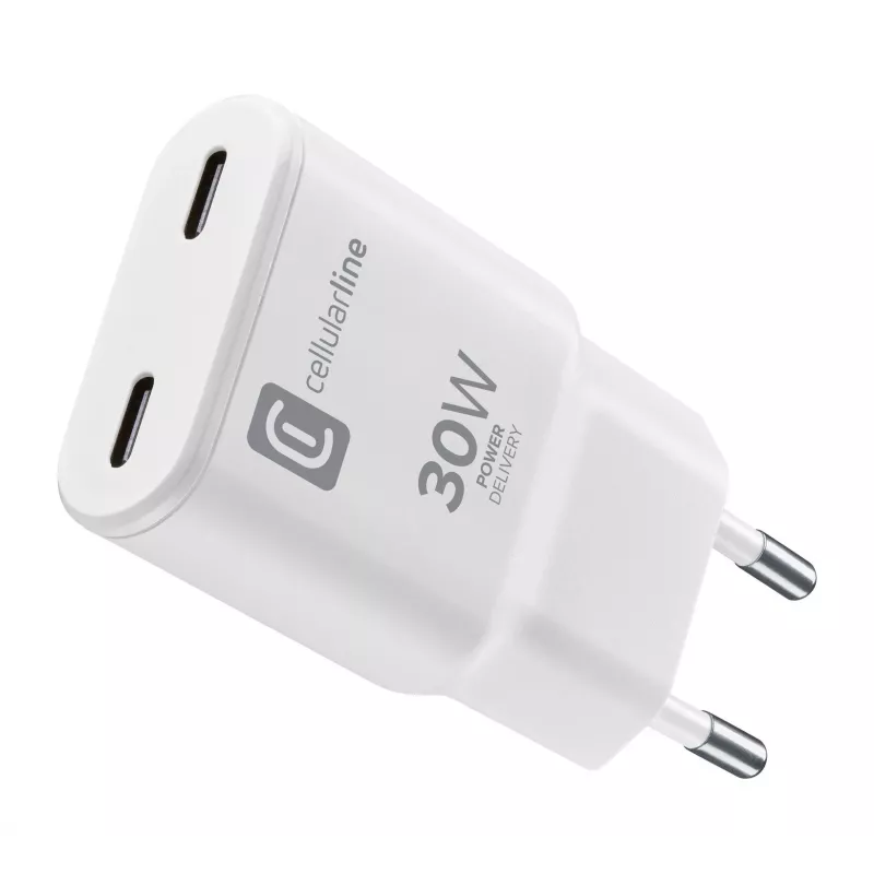 Cellularline GAN sieninis įkroviklis 2xUSB-C 30W PD 2xUSB-C 30W PD sieninis įkroviklis su GaN technologija