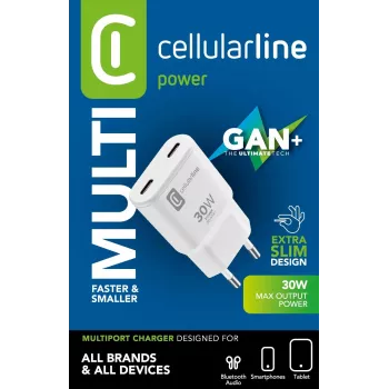 Cellularline GAN sieninis įkroviklis 2xUSB-C 30W PD 2xUSB-C 30W PD sieninis įkroviklis su GaN technologija