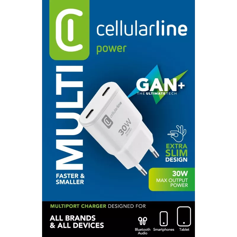 Cellularline GAN sieninis įkroviklis 2xUSB-C 30W PD 2xUSB-C 30W PD sieninis įkroviklis su GaN technologija