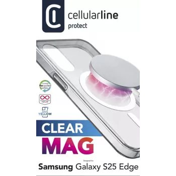 Cellularline Clear Mag - Galaxy S25 Edge itin atsparus permatomas dėklas su guminiu kraštu, suderinamas su Qi2 ekosistema ir magnetiniais priedais, apdorotas, kad negelstų.