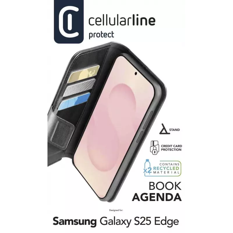 Cellularline Book Agenda Galaxy S25 Edge odinės apdailos dėklas-knygelė su magnetiniu užsegimu