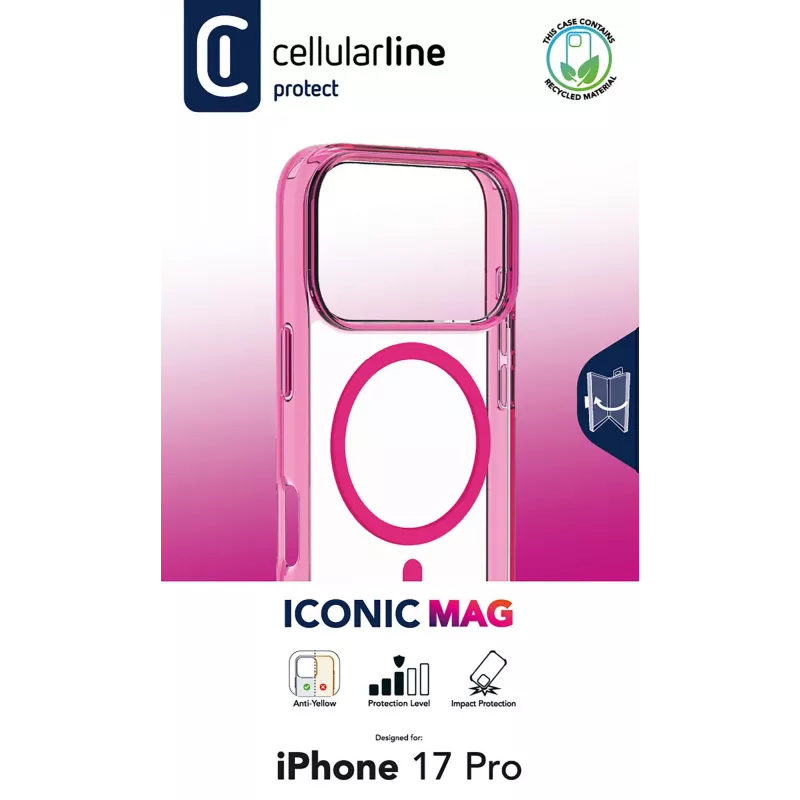 Cellularline Iconic Mag - iPhone 17 Pro permatomas dėklas su spalvotais kraštais, suderinamas su MagSafe ekosistema